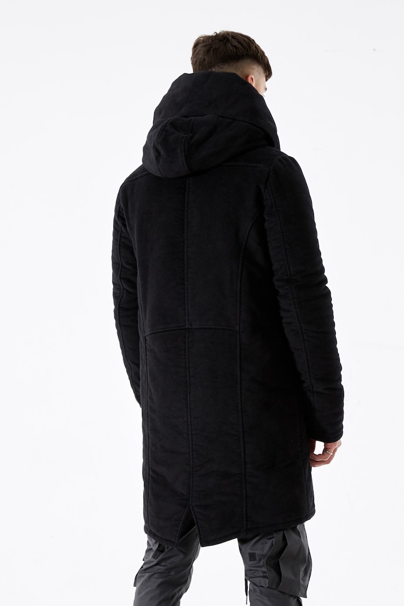 Mens Long Coat in Black Cotton with hood Reed image 3