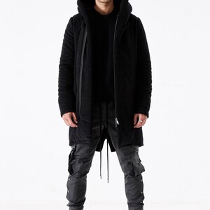 Mens Long Coat in Black Cotton with hood Reed image 2