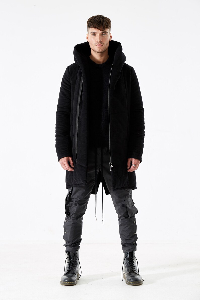 Mens Long Coat in Black Cotton with hood Reed image 2