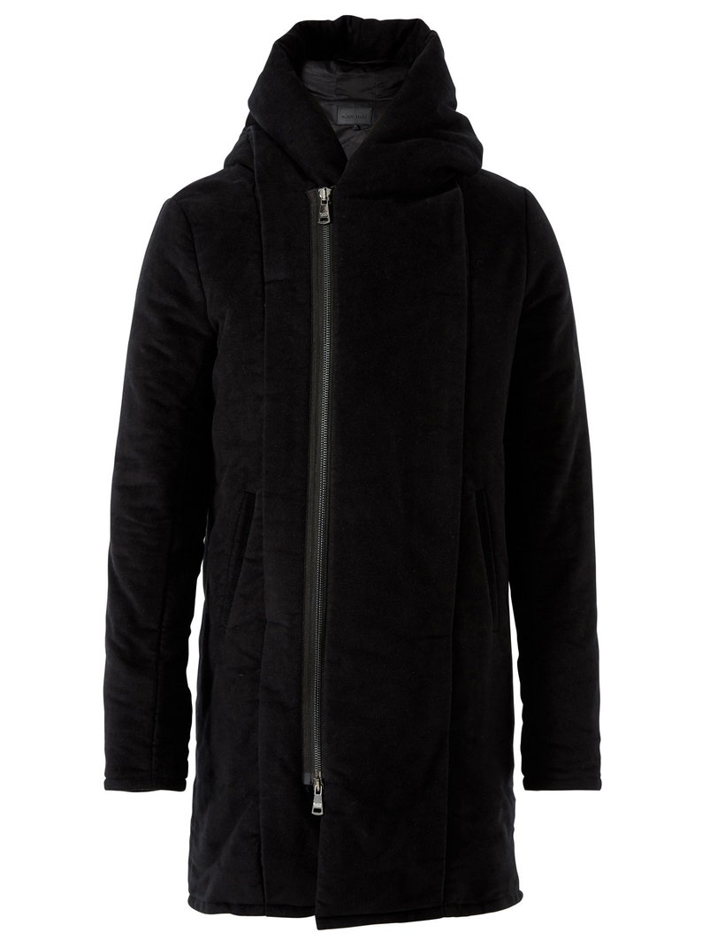 Mens Long Coat in Black Cotton with hood Reed image 4