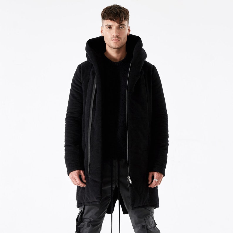 Mens Long Coat in Black Cotton with hood Reed image 1