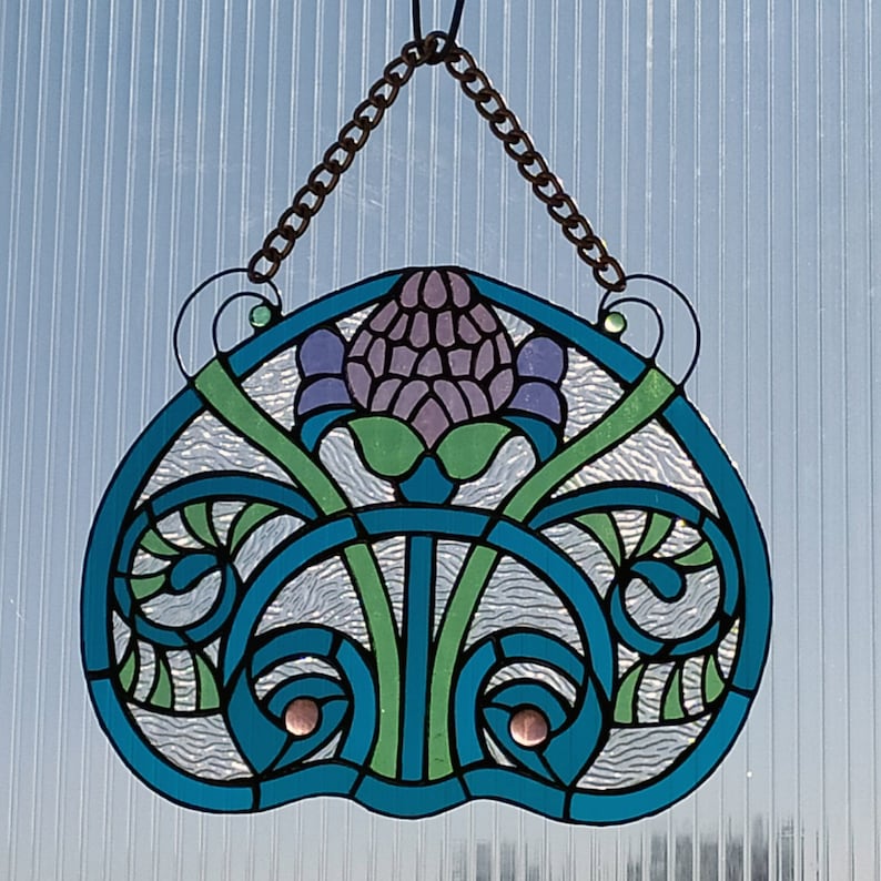 Lilac Thistle Suncatcher. Stained Glass Window Hanging.tiffany Etsy