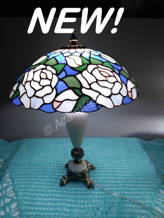 Stained Glass Table Lamp Vintage Marble Base White Roses Shade With Night Individual