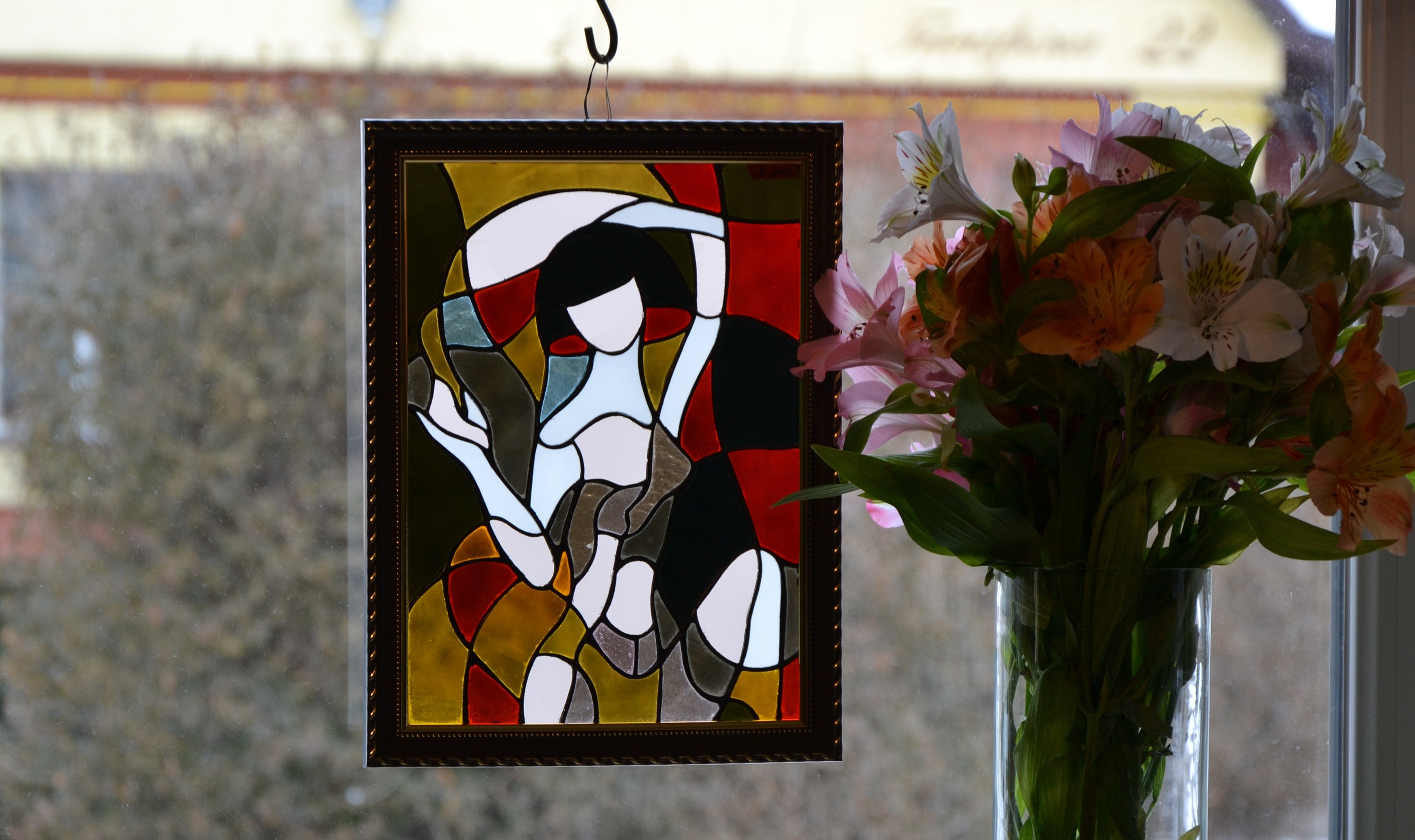 Lady Stained glass panel Tiffany method. Suncatcher window Etsy