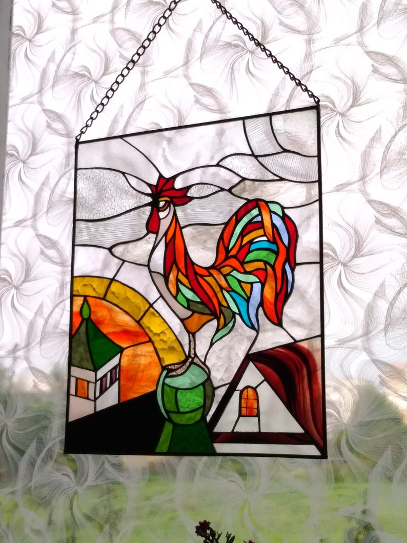 Rooster Stained glass panel Tiffany method. Suncatcher window Etsy