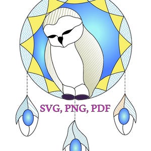 May include: A stained glass design featuring a white owl within a blue and yellow circular frame. Below the owl are three decorative feather-shaped pendants with blue orbs. The image includes the text "SVG, PNG, PDF".