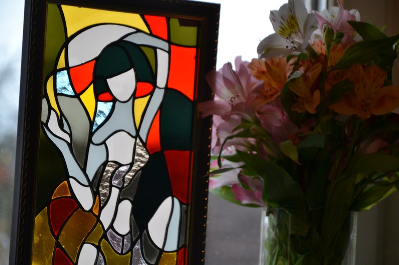 Lady Stained glass panel Tiffany method. Suncatcher window Etsy