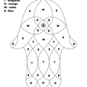May include: A black and white line drawing of a Hamsa hand with a central eye. The hand is divided into sections labeled with the letters G, Y, T, O, W, and B. The letters represent colors: green, yellow, turquoise, orange, white, and blue.