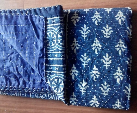 Handmade Quilt Vintage Blue Kantha Bedspread Throw Cotton Blanket Gudri Queen