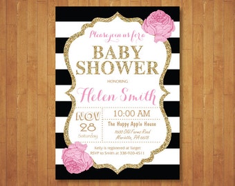 Floral Baby Shower Invitation Black And Gold Glitter Etsy Floral Baby Shower Invitation Black And Gold Glitter Etsy