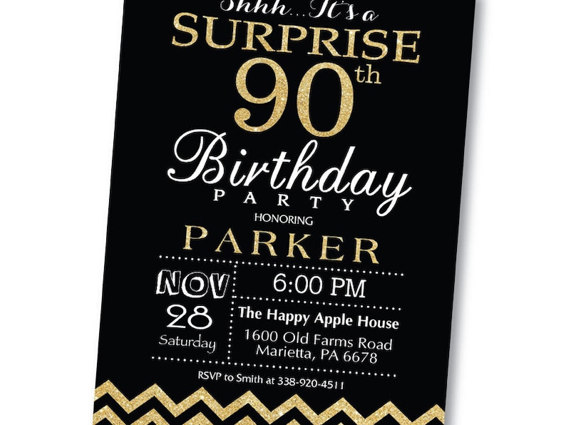 Surprise 90th Birthday Invitation Glitter Gold And Black Etsy