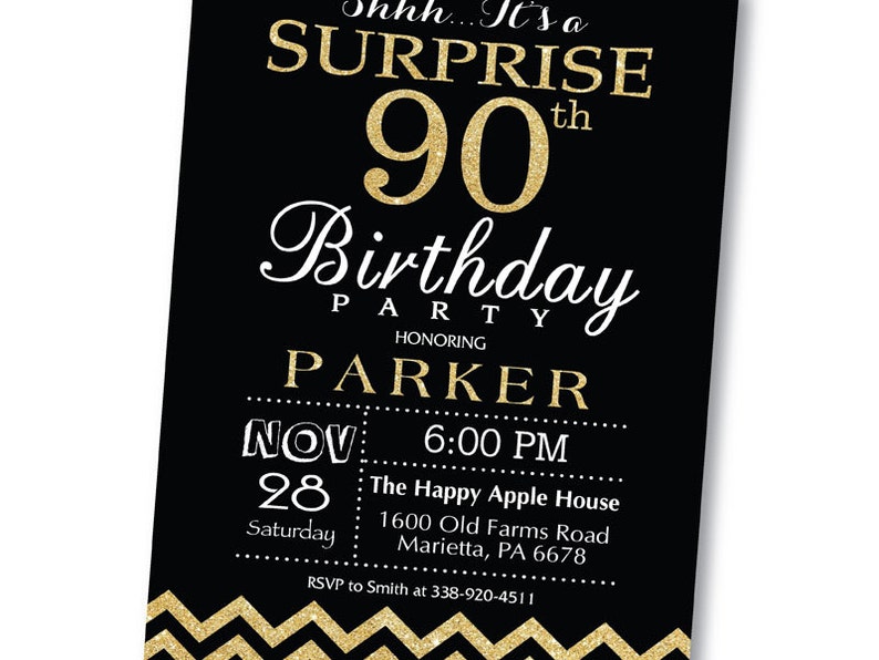 Surprise 90th Birthday Invitation Glitter Gold And Black Etsy