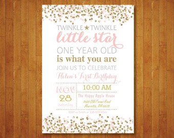 Twinkle Twinkle Little Star First Birthday Invitation. Girl 1st Birthday Invite. Pink and Gold Bady. Gold Glitter. Printable Digital.