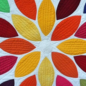 Pu&ograve; includere: Un quilt colorato con un design circolare di forme di foglie sovrapposte in tonalit&agrave; di rosso, arancione, giallo, verde, blu e viola.