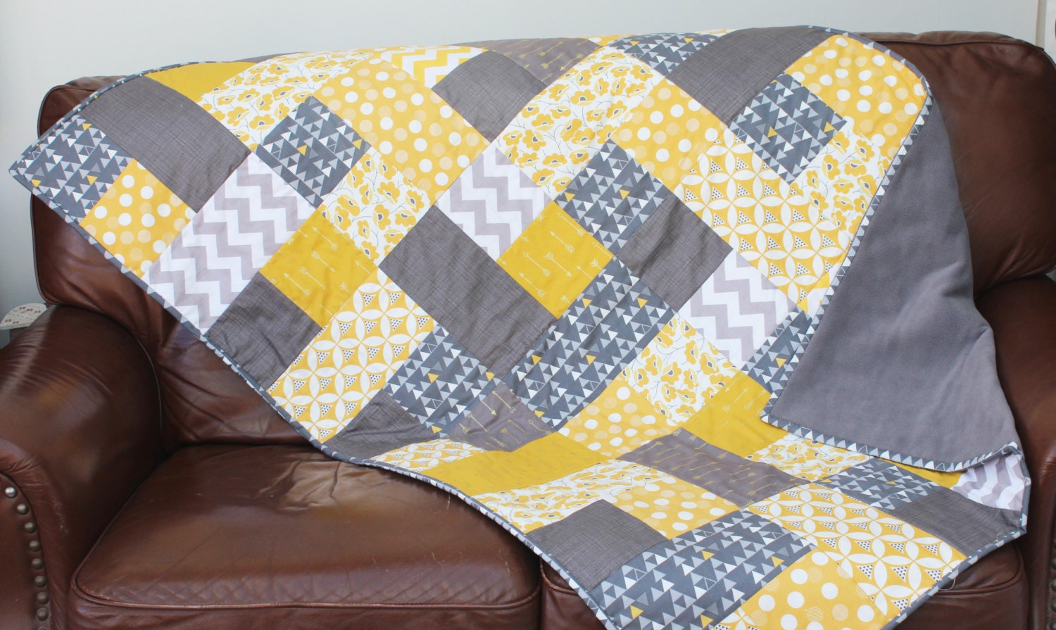 handmade patchwork contemporary quilt mustard yellow and grey Etsy