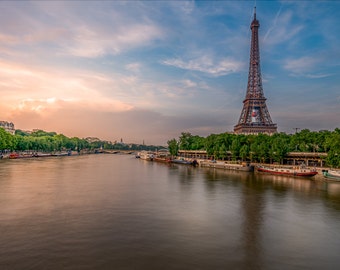 Río Sena de París Francia Eiffel torre puesta del sol arte fotografía impresa cuadros
