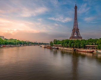 Paris France Eiffel Tower Seine River Sunset Art Photography Print Wall Decor