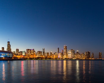 Chicago Cubs World Series Skyline at Night Willis Tower Lake Michigan Art Photography Print Wall Decor