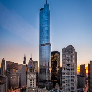 Chicago Skyline Wrigley Building Trump Tower Sunset Art Photography Print Wall Decor