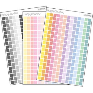 May include: Three sheets of colorful square stickers with the text "HappyCloudInc" and "clr-07-02-g" printed on them. The stickers are in shades of gray, yellow, pink, purple, blue, and green.