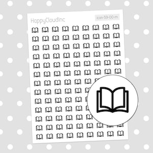 May include: A sheet of black and white book icon stickers. The sheet is filled with small book icons. There is a larger book icon in a circle in the bottom right corner of the sheet.