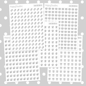 May include: Five sheets of white sticker paper with black outlines of baby-related icons. The icons include a baby bottle, a pacifier, a diaper, a stroller, and a onesie.