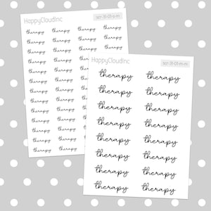 May include: A sheet of stickers with the word "therapy" written in cursive. The stickers are black and white and are arranged in two columns.