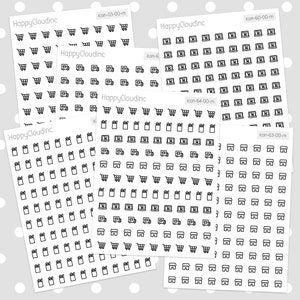 May include: A set of 10 black and white sticker sheets with various shopping-themed icons. The icons include shopping trolleys, gift bags, delivery vans, and online shopping computers.