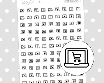 May include: A sheet of black and white stickers featuring a laptop with a shopping cart icon. The sheet is filled with 60 small icons of the laptop with shopping cart. The sheet is on a white background with white polka dots.