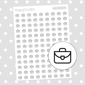 May include: A sheet of black and white stickers featuring a repeated pattern of briefcase icons. The sheet is on a white background with a white polka dot pattern. The sheet includes the text "HappyCloudInc" and "icon-114-00-m".