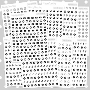 May include: A sheet of black and white social media icons. The icons include Instagram, YouTube, Twitter, Pinterest, WordPress, LinkedIn, TikTok, Facebook, and a notification bell.