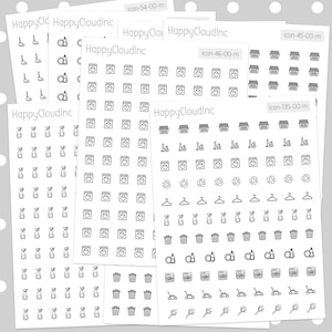 May include: A set of black and white printable stickers featuring various household cleaning and laundry icons. The icons include a vacuum cleaner, spray bottle, washing machine, bin, laundry basket, hanger, and lawnmower.