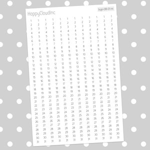 May include: A black and white printable sheet with numbers 1 through 31 repeated across 12 columns. The numbers are arranged in a grid format, with each number appearing in a separate cell. The sheet is designed for use in a bullet journal or planner.