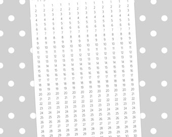 May include: A black and white printable sheet with numbers 1 through 31 repeated across 12 columns. The numbers are arranged in a grid format, with each number appearing in a separate cell. The sheet is designed for use in a bullet journal or planner.