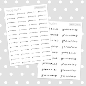 May include: A sheet of stickers with the word "groceries" written in cursive. The stickers are black and white and are arranged in a grid pattern. The text "scr-04-01-s-m" and "scr-04-01-m-m" is visible in the top right corner of the image.