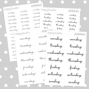 May include: A set of seven black and white printable stickers with the days of the week written in cursive script. The stickers are designed for use in a planner or journal.