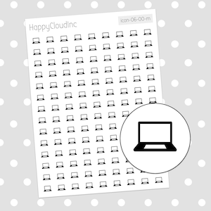 May include: A sheet of black and white laptop stickers. The sheet is filled with small laptop icons. The sheet is on a white background with white polka dots.