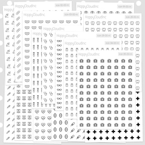 May include: A sheet of black and white stickers with various medical and healthcare icons. The icons include a stethoscope, pills, bandages, a heart, a thermometer, a syringe, a first aid kit, a tooth, and a cross.