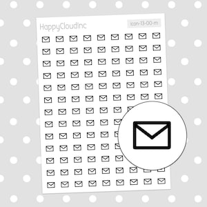 May include: A sheet of stickers with a repeating pattern of black envelope icons. The sheet is white and has the text "HappyCloudinc" and "icon-13-00-m" printed on it. There is a larger black envelope icon in a white circle in the bottom right corner of the sheet.