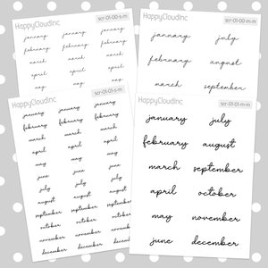 May include: A set of 12 printable stickers featuring the months of the year in a handwritten font. The stickers are designed for use in planners, journals, and other paper crafts.