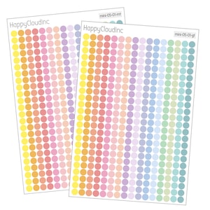 May include: Two sheets of colorful dot stickers. One sheet has a gradient of yellow, orange, pink, and purple dots. The other sheet has a gradient of yellow, orange, pink, blue, and green dots. The brand name "HappyCloudInc" is printed on the top left of each sheet.