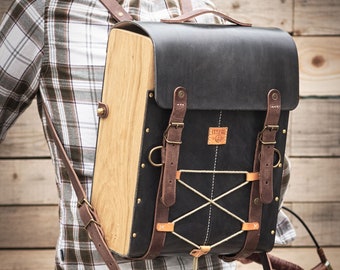 Leather and wood backpack. Bike bag leather and wood. Vegetable tanned leather, vintage black color.