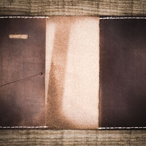 May include: A brown leather wallet with a white stitch detail and a light brown leather flap. The wallet has a pocket on the left side and a flap on the right side.
