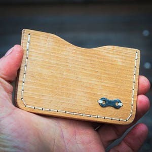 Minimalist slim wallet, wood and leather. Raw wood oiled finish. Veg tanned leather. image 6