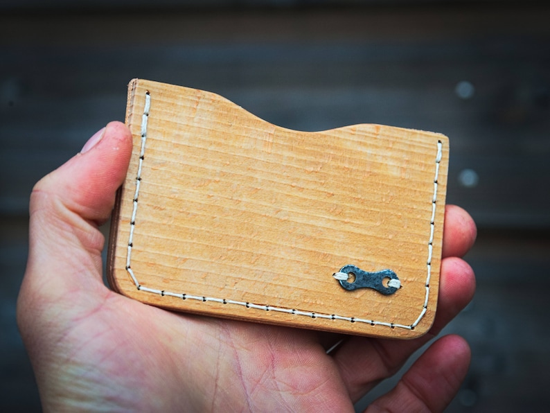 Minimalist slim wallet, wood and leather. Raw wood oiled finish. Veg tanned leather. image 6