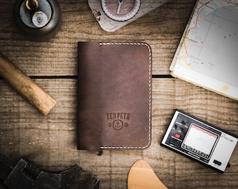 Leather passport holder, Chocolate-colored leather passport cover.