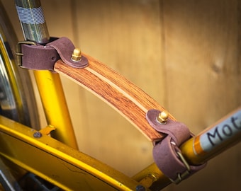 Bike carrying handle. Full-grain vegtanned leather and wood handle.