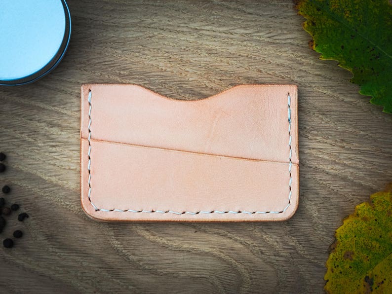 Minimalist slim wallet, wood and leather. Raw wood oiled finish. Veg tanned leather. image 3