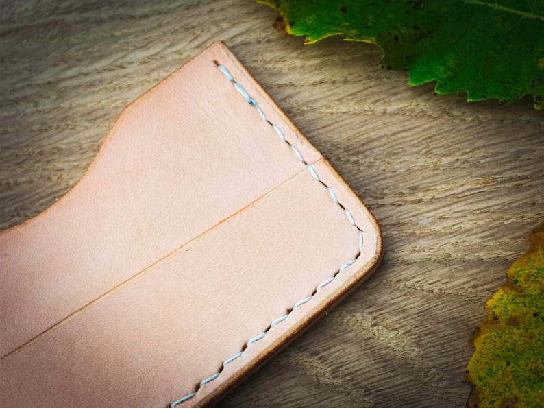 Minimalist slim wallet, wood and leather. Raw wood oiled finish. Veg tanned leather. image 1