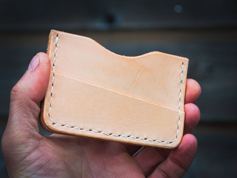 Minimalist slim wallet, wood and leather. Raw wood oiled finish. Veg tanned leather. image 5